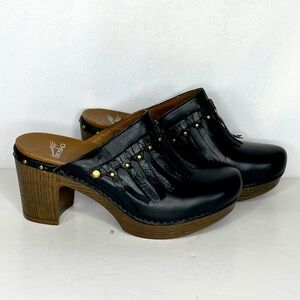 Dansko Black Leather Mules with Brown Wooden Heel